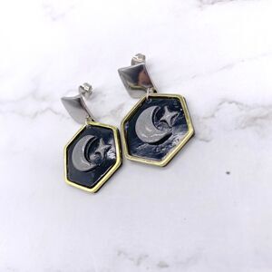 Black Holographic Celestial Crescent Moon Dangle Stud Earrings